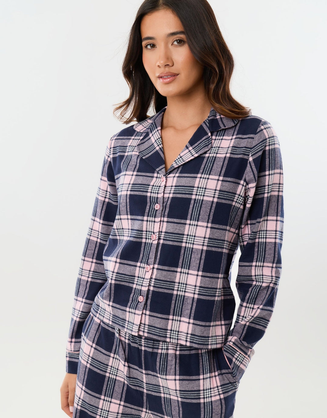 Threadbare Cotton Button Up Pyjama Set in Navy Check - close up