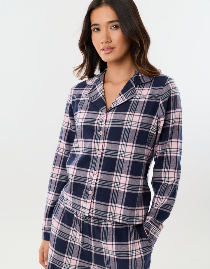 Threadbare Cotton Button Up Pyjama Set in Navy Check - close up