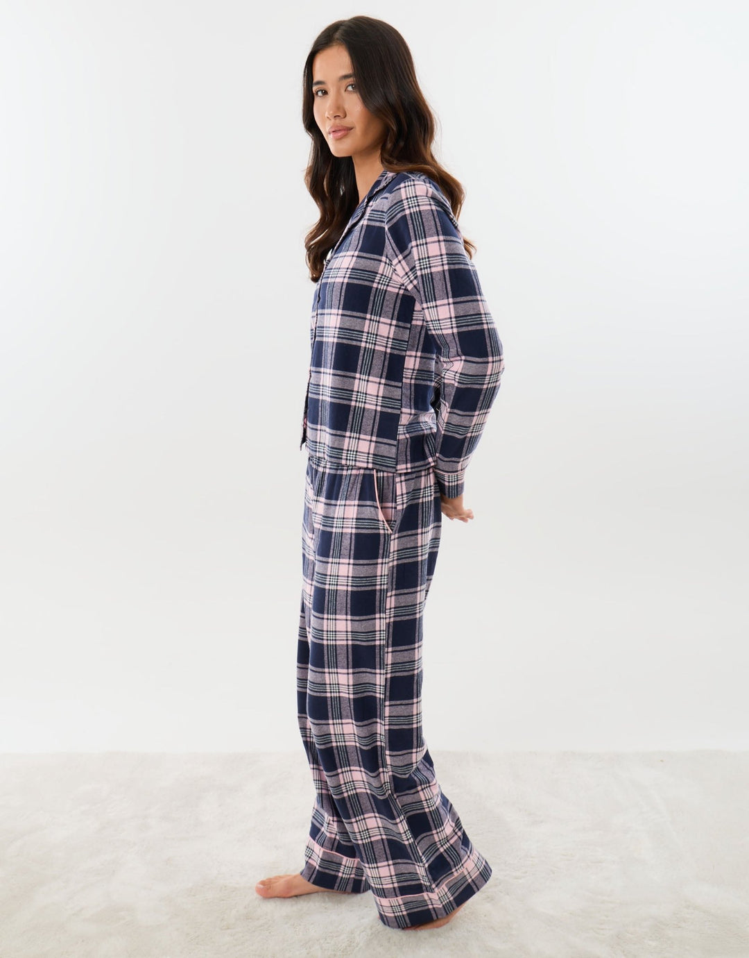 Threadbare Cotton Button Up Pyjama Set in Navy Check - side view