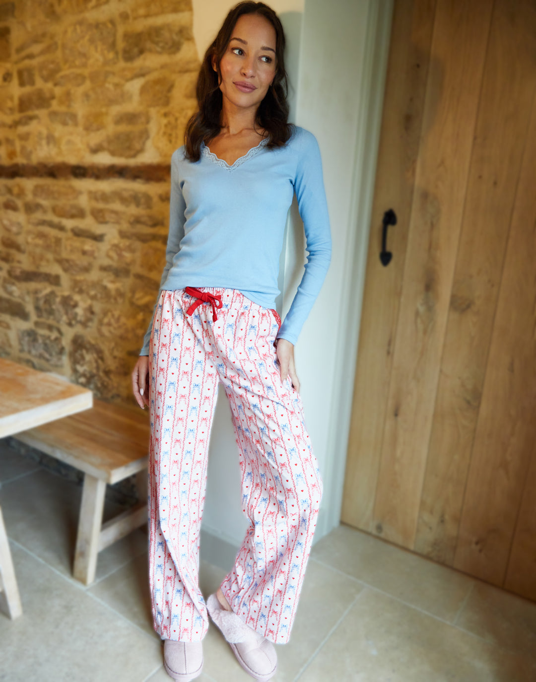Lace V-Neck Printed Pyjama Set in Blue