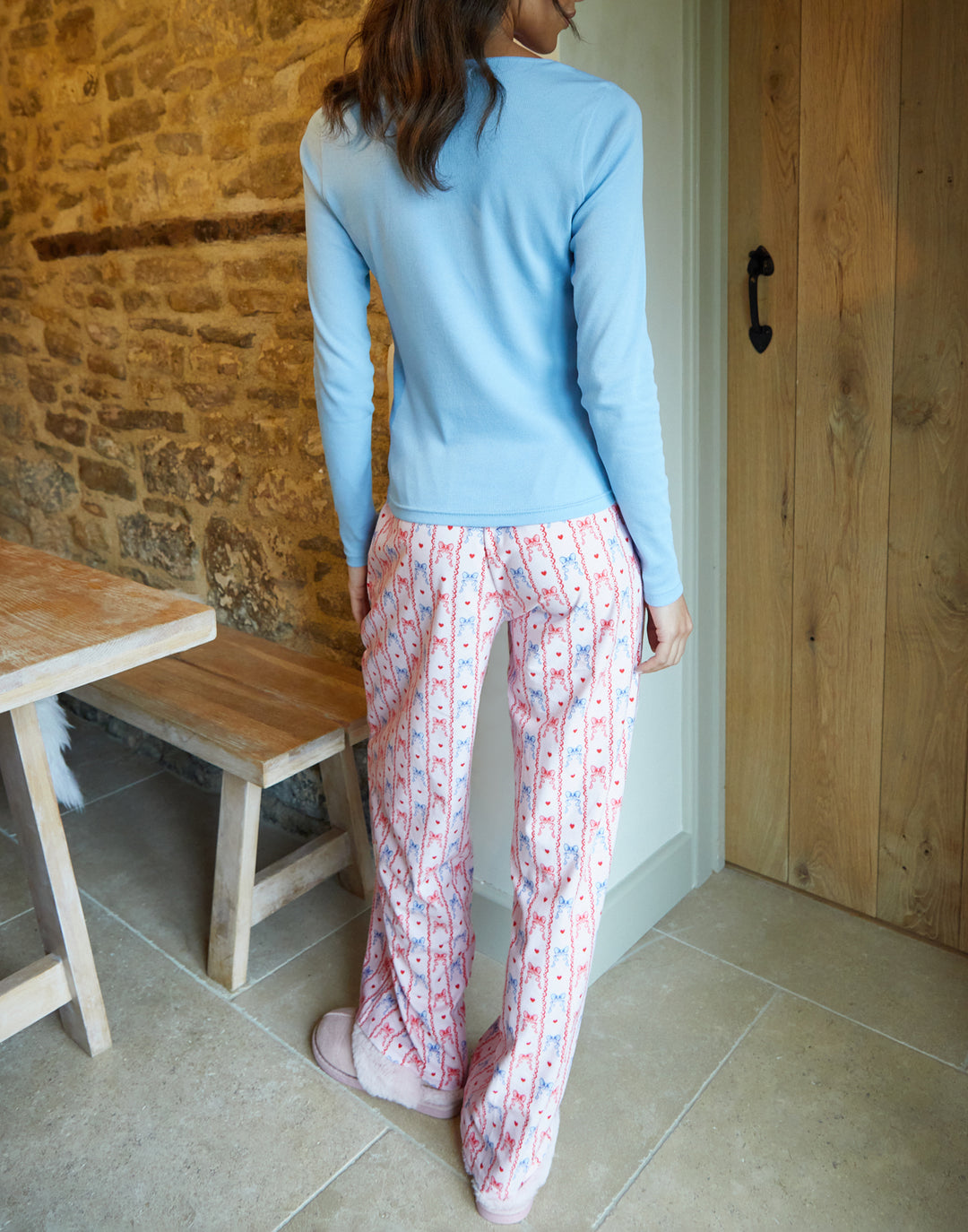 Lace V-Neck Printed Pyjama Set in Blue
