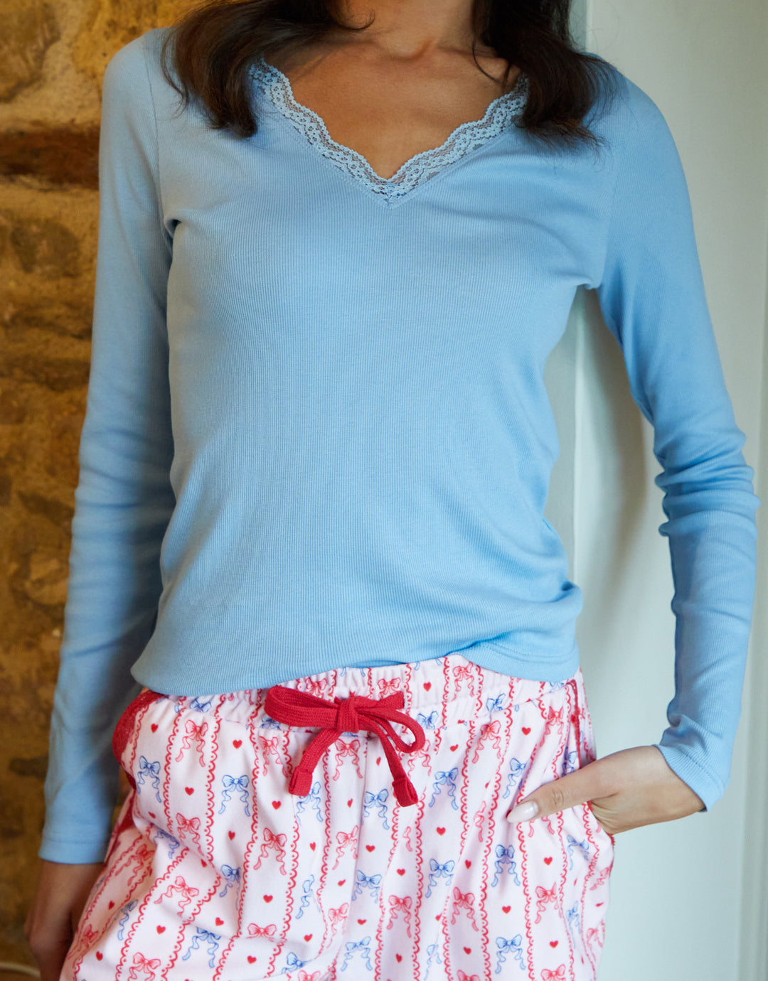 Lace V-Neck Printed Pyjama Set in Blue