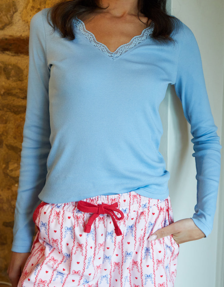 Lace V-Neck Printed Pyjama Set in Blue