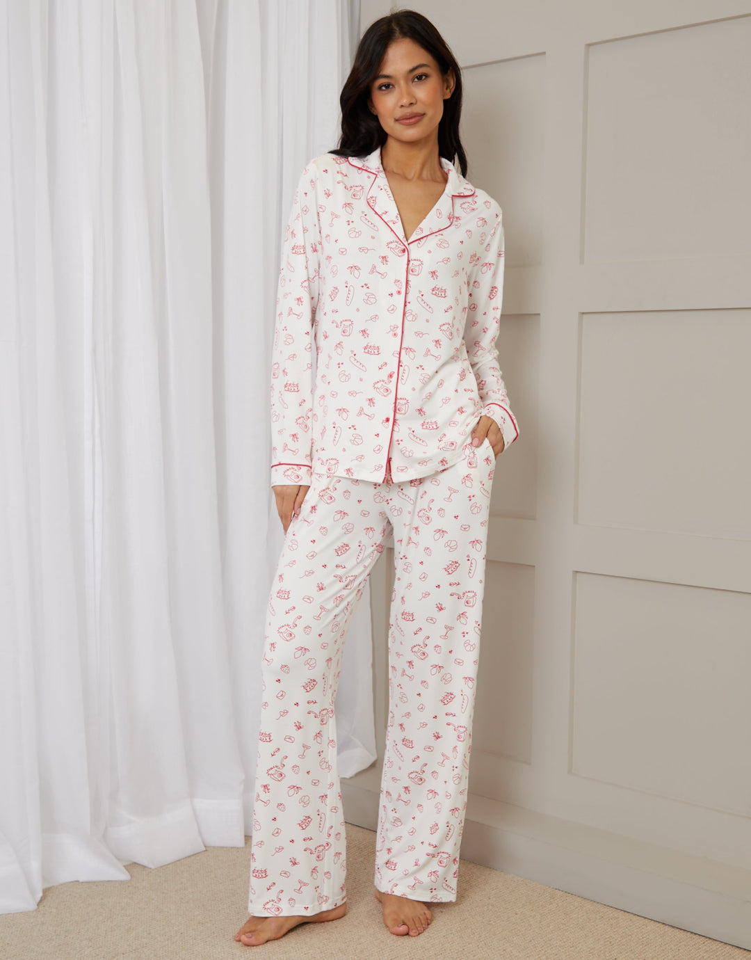 White Printed Long Button-Through Pyjamas (2-Piece Set)