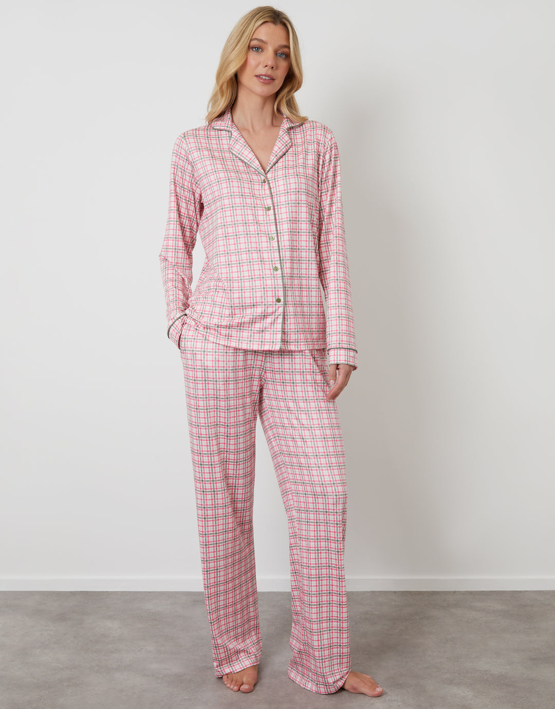 Button Pyjamas Threadbare Women's Long Button Pyjama Set in Pink Check