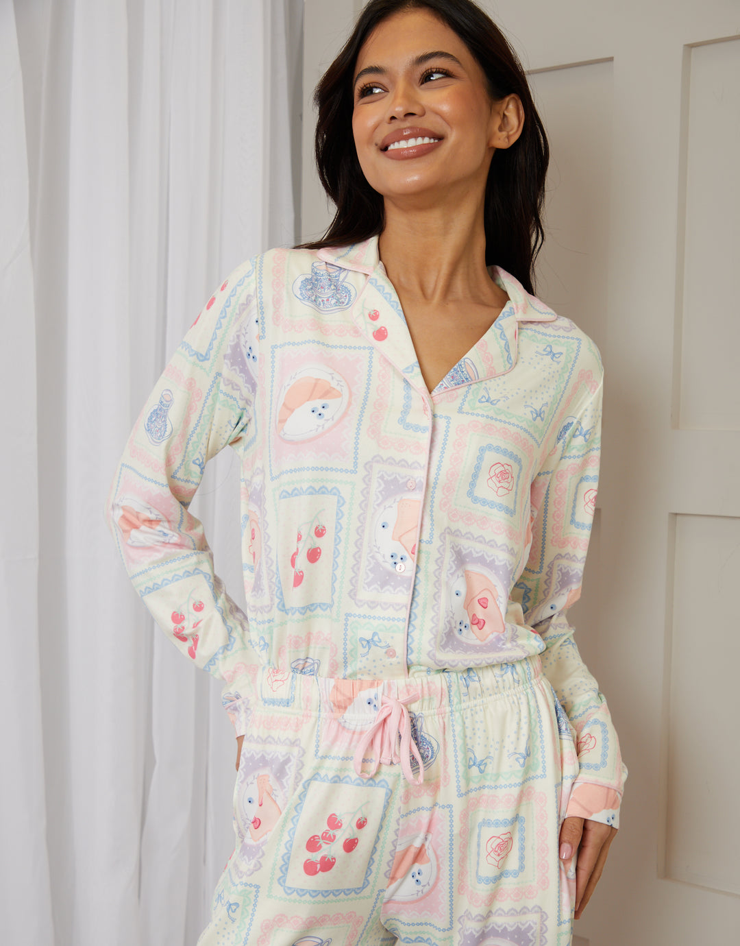 Cream Printed Long Button-Through Pyjamas (2-Piece Set)