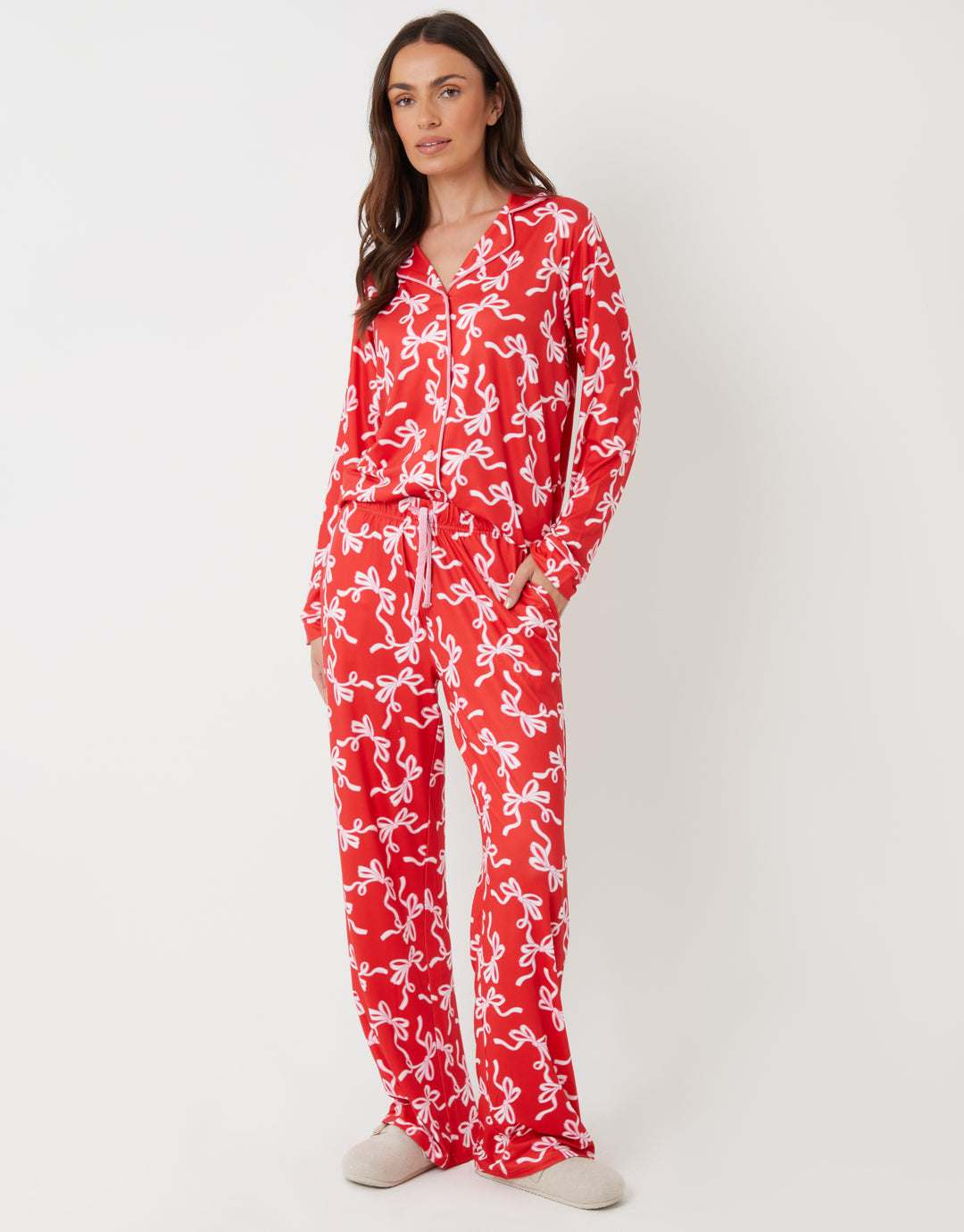 Red Bow Print Long Button-Through Christmas Pyjamas (2-Piece Set)