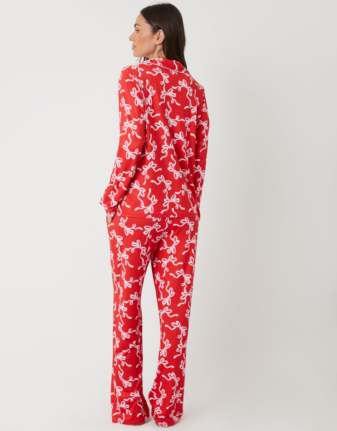 Red Bow Print Long Button-Through Christmas Pyjamas (2-Piece Set)