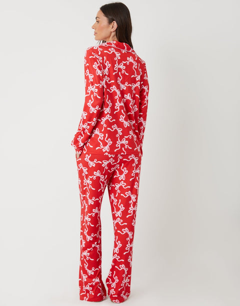 Threadbare Long Button-Through Christmas Pyjama Set in Red Bow Print -  back view