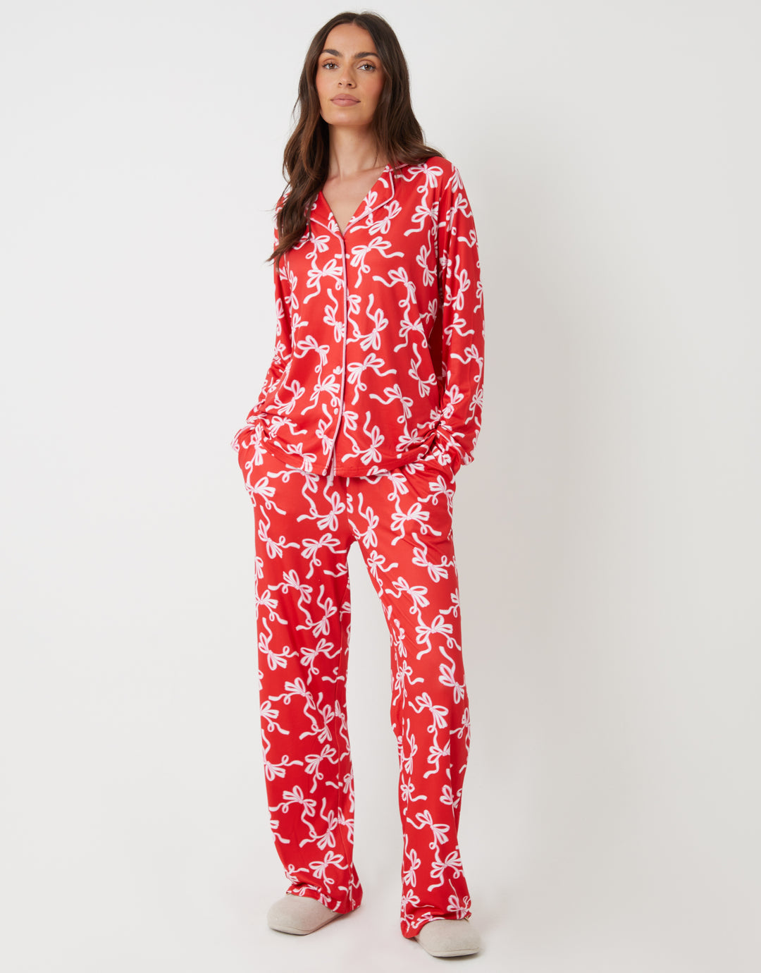 Red Bow Print Long Button-Through Christmas Pyjamas (2-Piece Set)