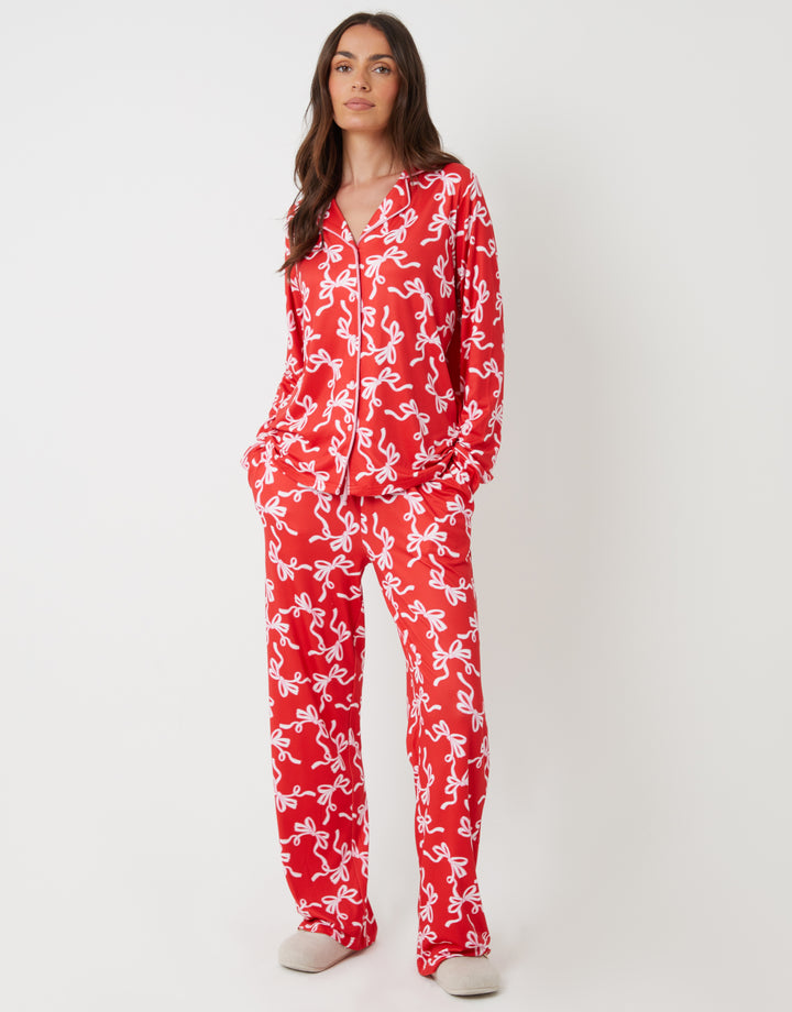 Red Bow Print Long Button-Through Christmas Pyjamas (2-Piece Set)