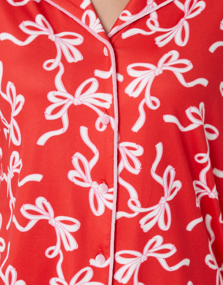 Red Bow Print Long Button-Through Christmas Pyjamas (2-Piece Set)