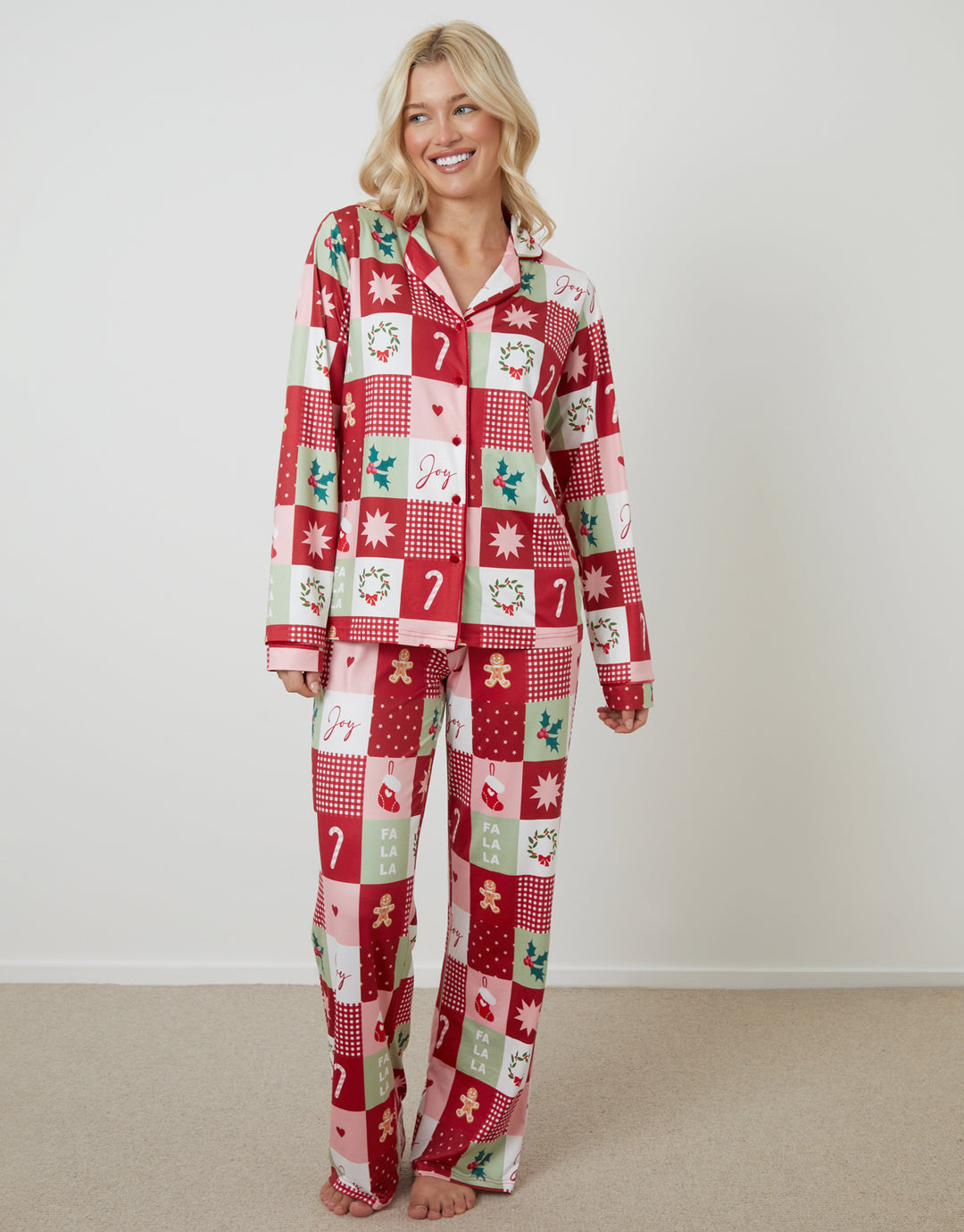 Red Patchwork Print Long Button-Through Christmas Pyjamas (2-Piece Set)