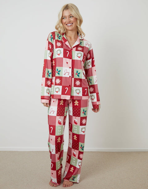 Threadbare Long Button-Through Christmas Pyjama Set in Red Patchwork Print - front view