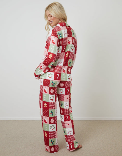 Threadbare Long Button-Through Christmas Pyjama Set in Red Patchwork Print - back view