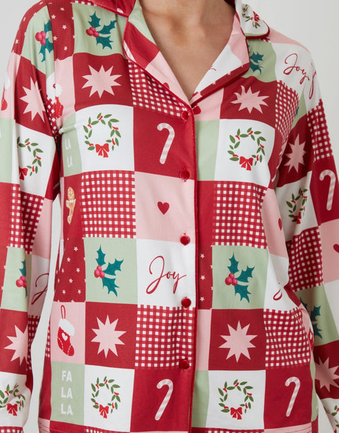 Threadbare Long Button-Through Christmas Pyjama Set in Red Patchwork Print - front view close up