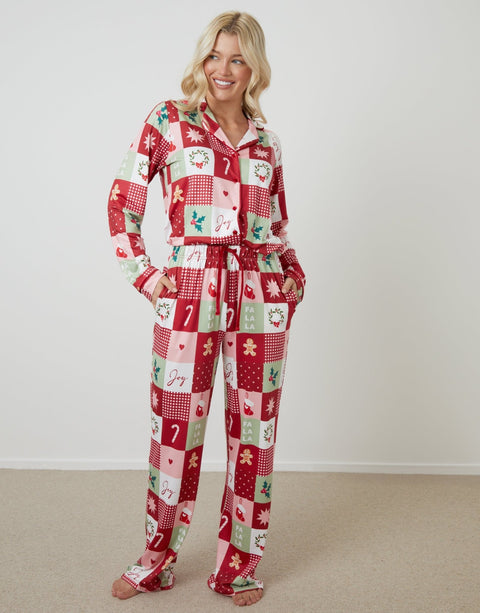 Threadbare Long Button-Through Christmas Pyjama Set in Red Patchwork Print - full body