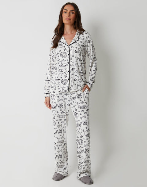 Threadbare Long Button-Through Pyjama Set in White Ski Print - full body