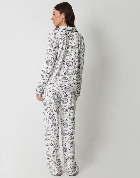 Threadbare Long Button-Through Pyjama Set in White Ski Print - back view