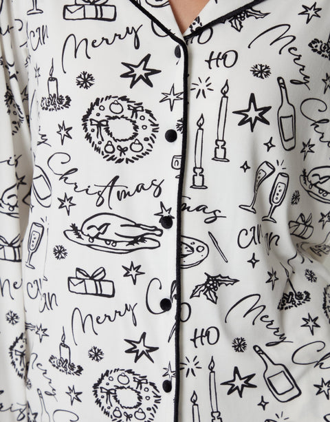 Threadbare Long Button-Through Pyjama Set in White Ski Print - buttons close up