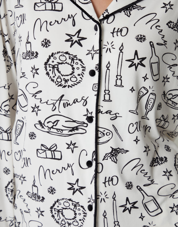 White Food Print Long Button-Through Christmas Pyjamas (2-Piece Set)