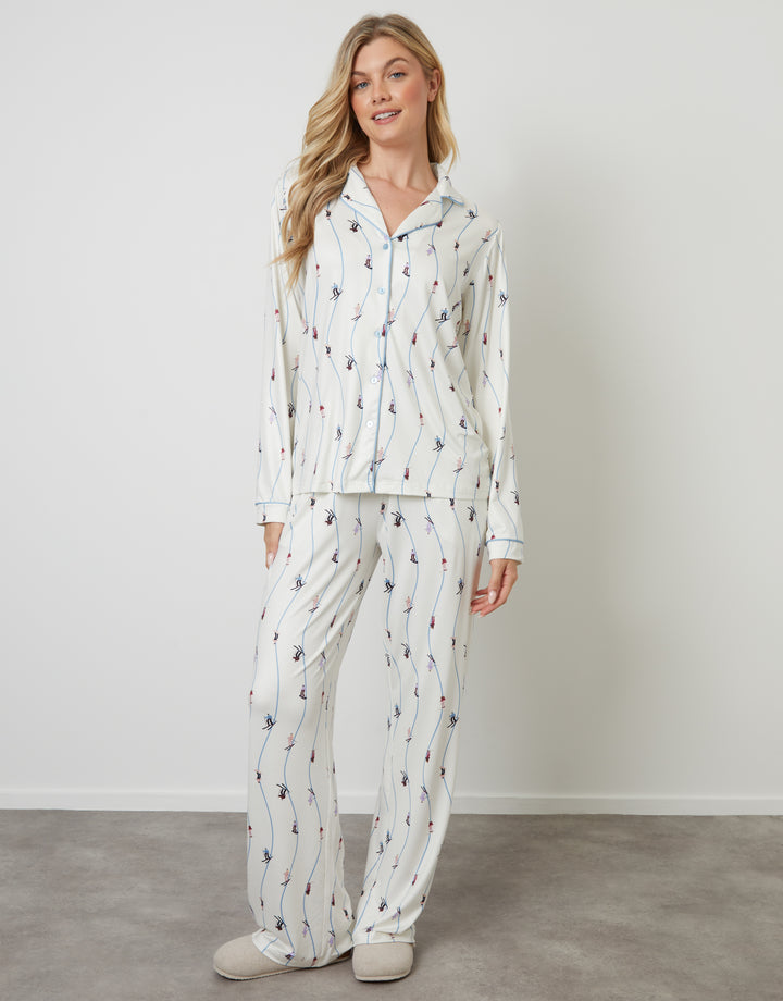 White Ski Print Long Button-Through Pyjamas (2-Piece Set)