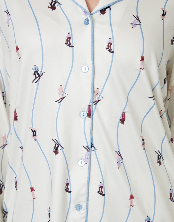 White Ski Print Long Button-Through Pyjamas (2-Piece Set)