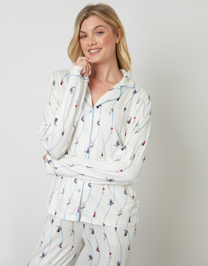 White Ski Print Long Button-Through Pyjamas (2-Piece Set)