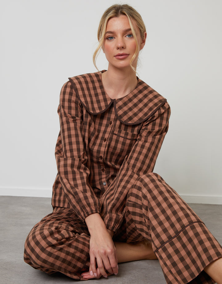 Brown Check Peter Pan Collar Long Pyjamas (2-Piece Set)