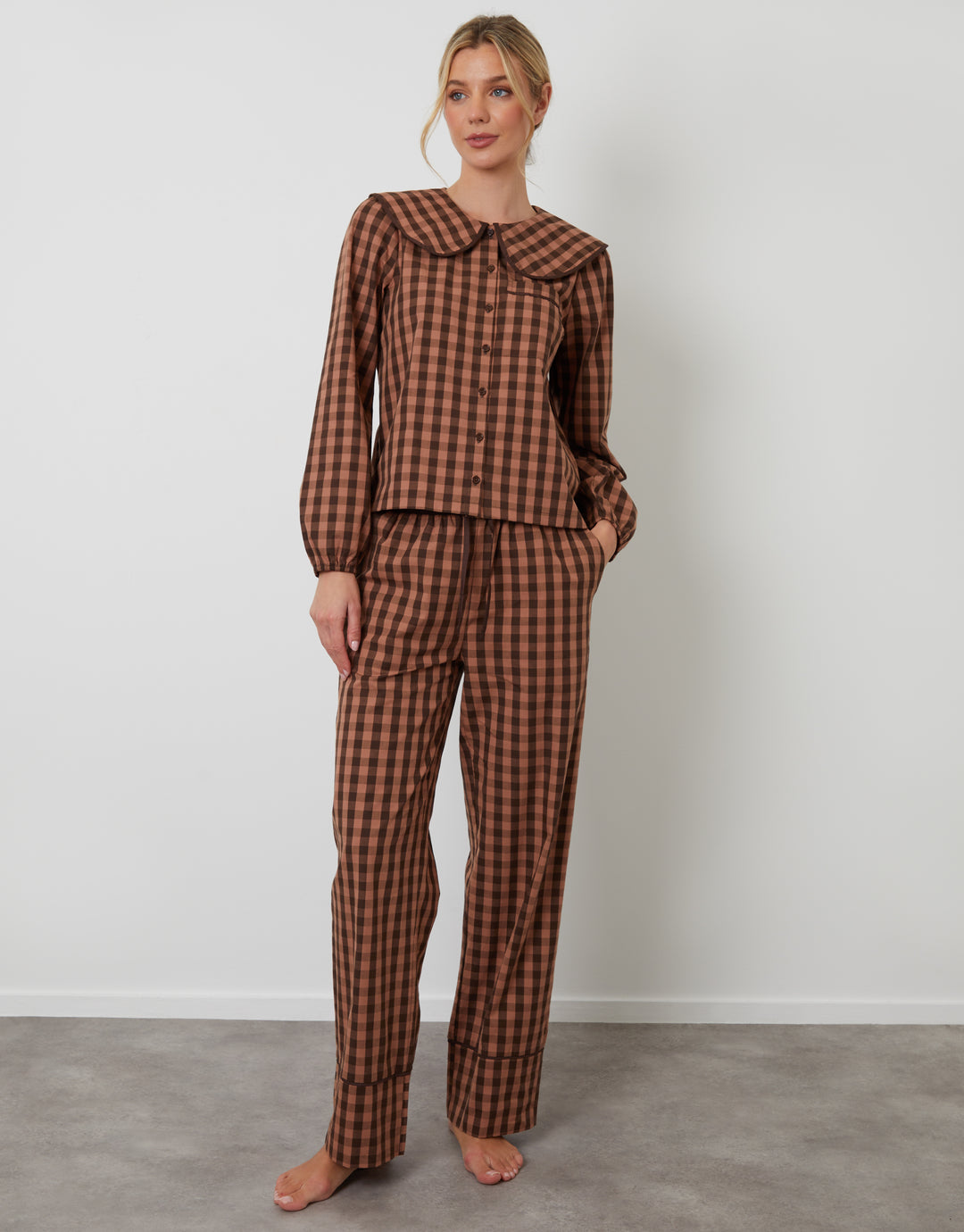 Brown Check Peter Pan Collar Long Pyjamas (2-Piece Set)