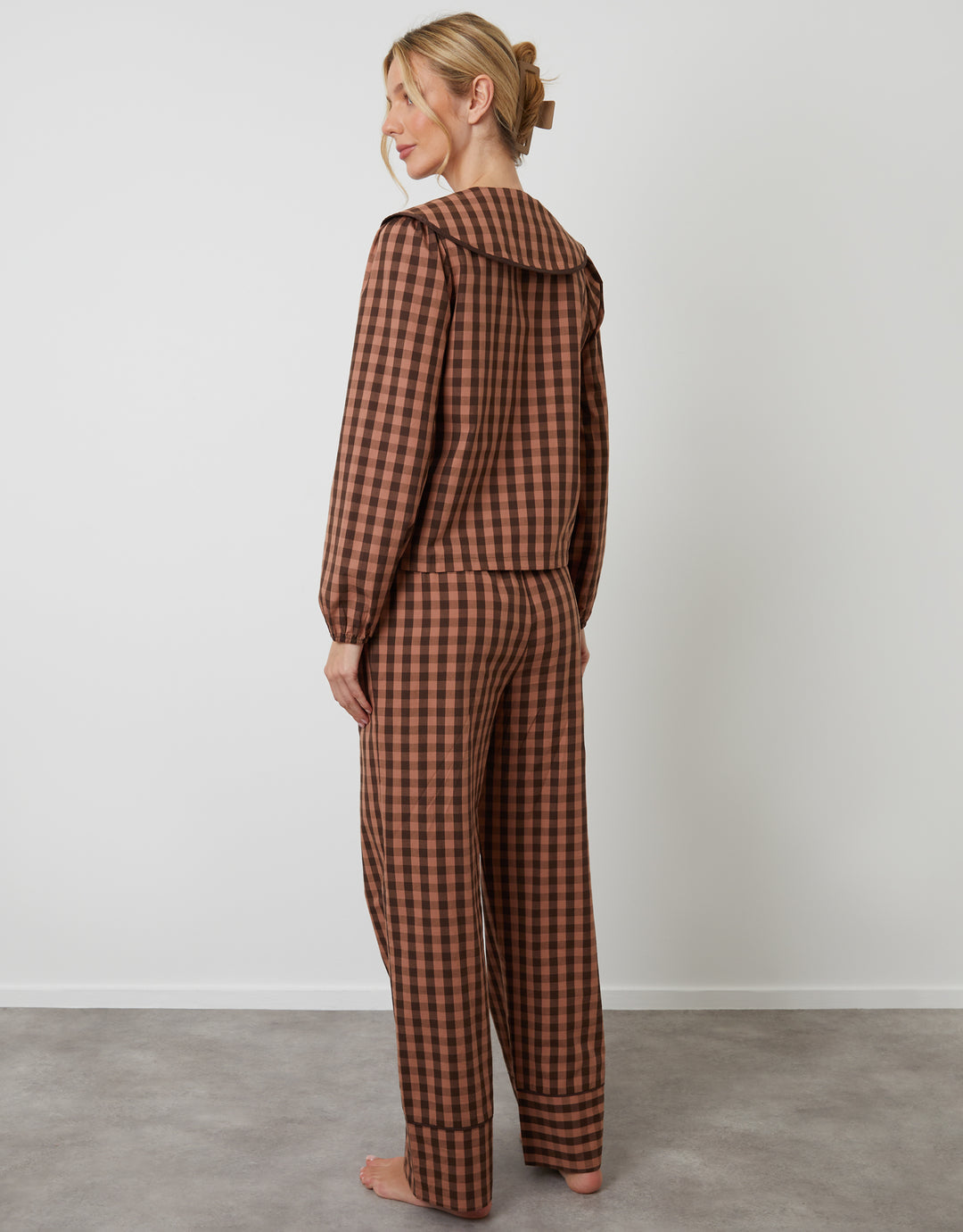 Brown Check Peter Pan Collar Long Pyjamas (2-Piece Set)