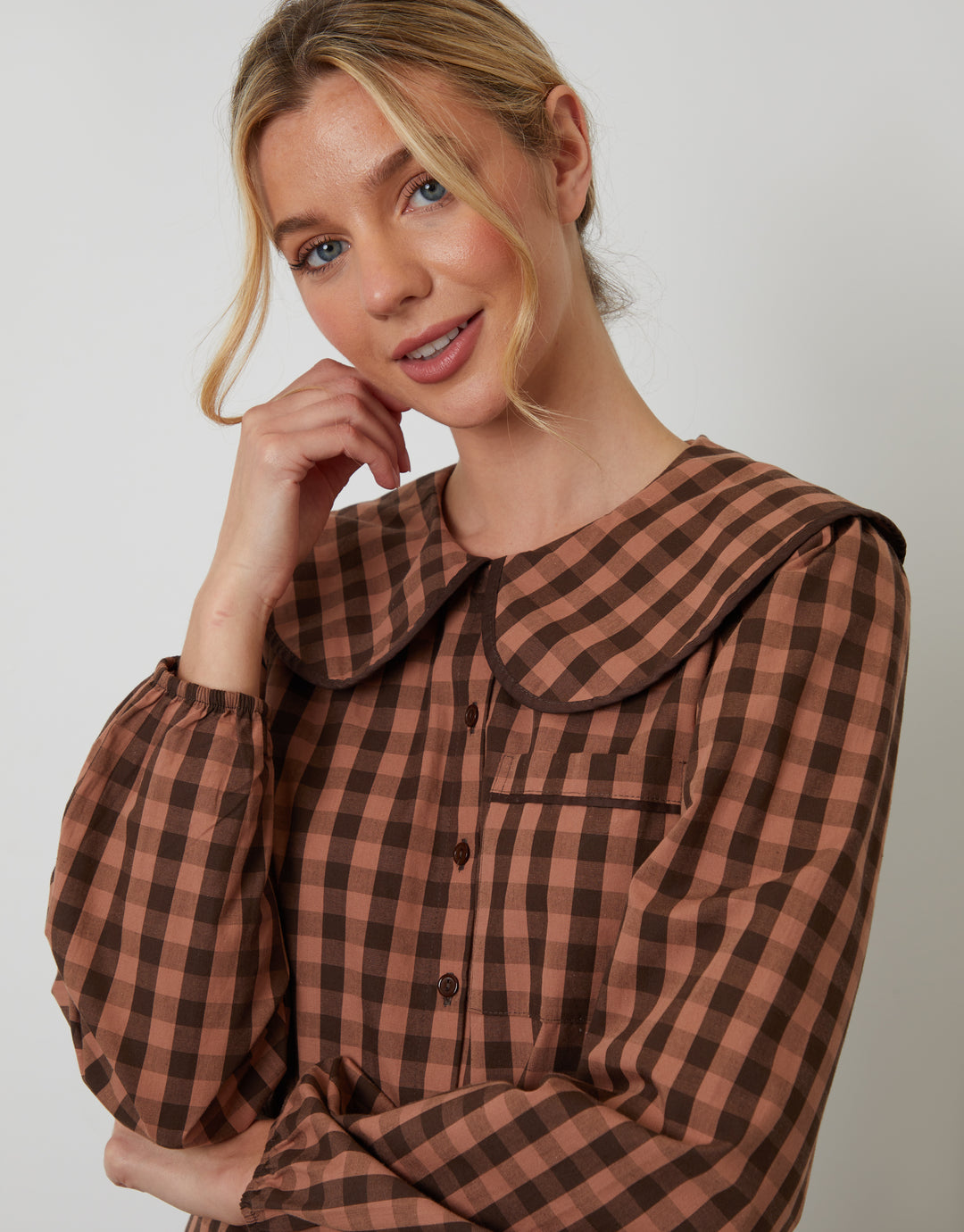 Brown Check Peter Pan Collar Long Pyjamas (2-Piece Set)