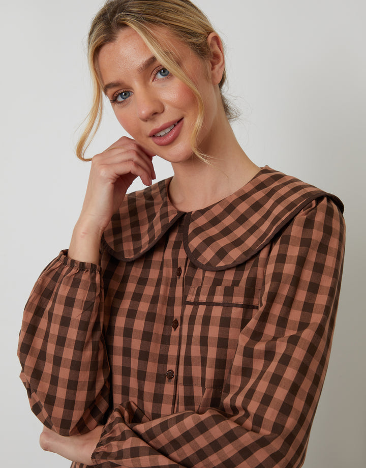 Brown Check Peter Pan Collar Long Pyjamas (2-Piece Set)