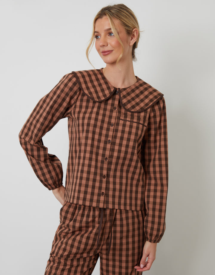 Brown Check Peter Pan Collar Long Pyjamas (2-Piece Set)