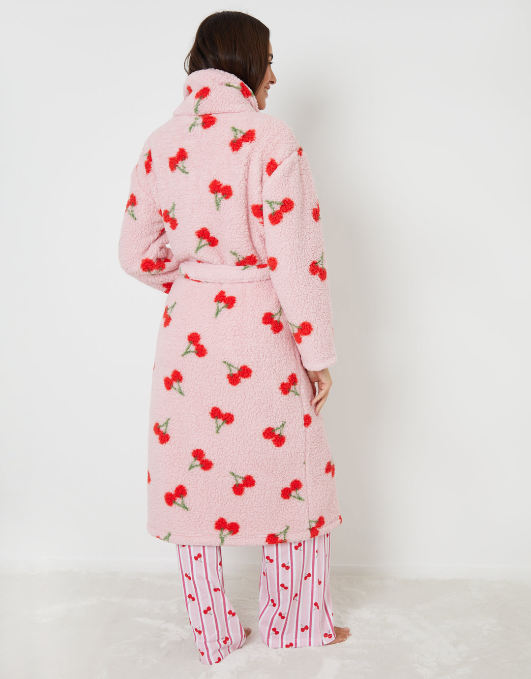 Pink Cherry Print Borg Dressing Gown