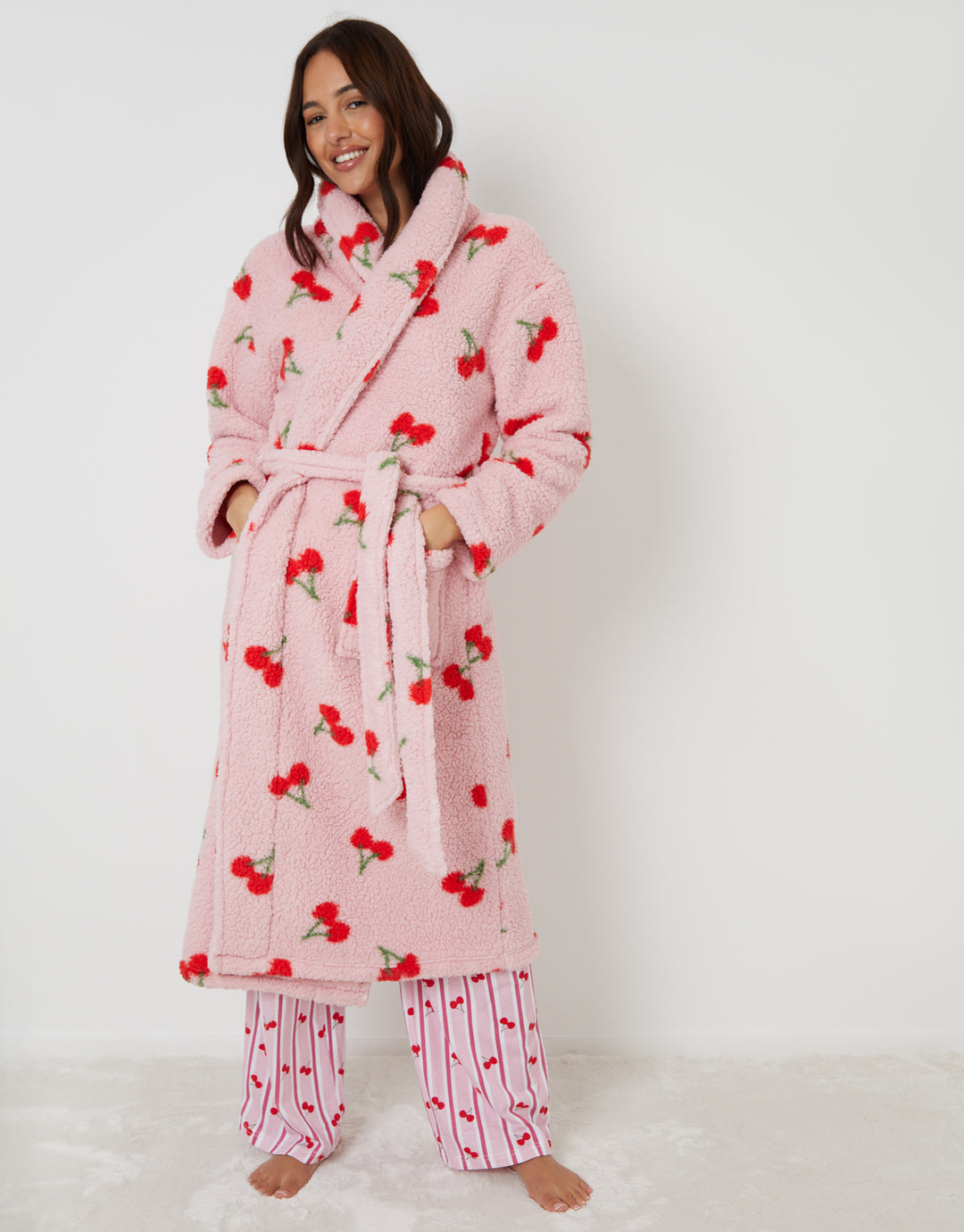 Pink Cherry Print Borg Dressing Gown