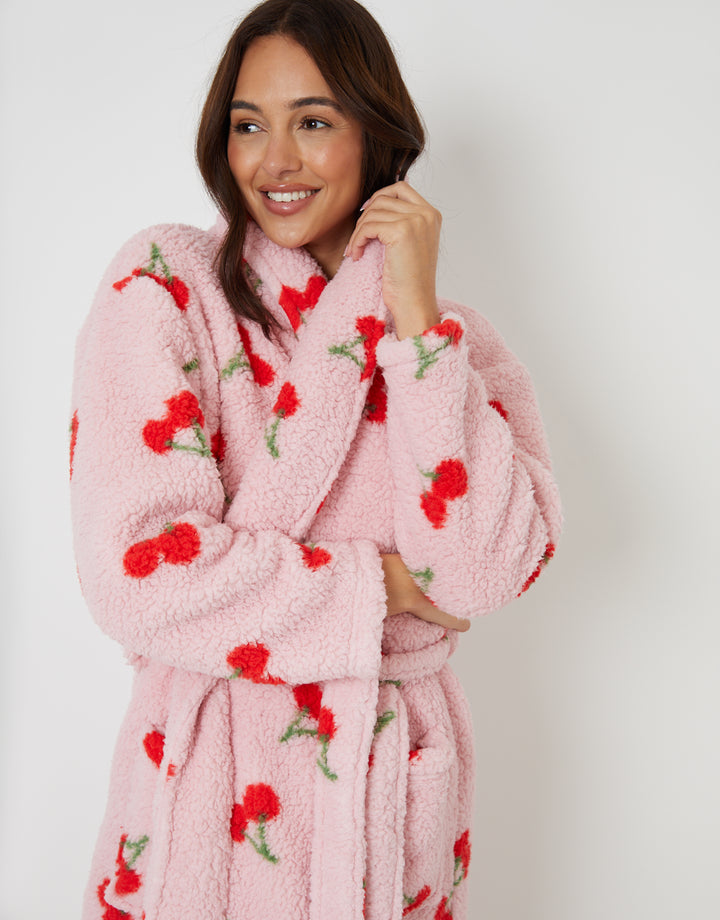 Pink Cherry Print Borg Dressing Gown