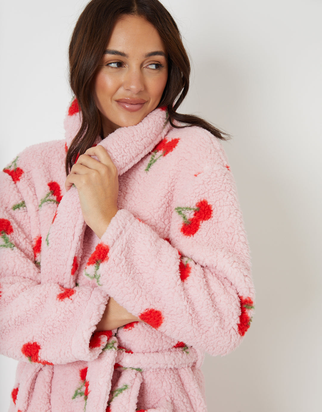 Pink Cherry Print Borg Dressing Gown