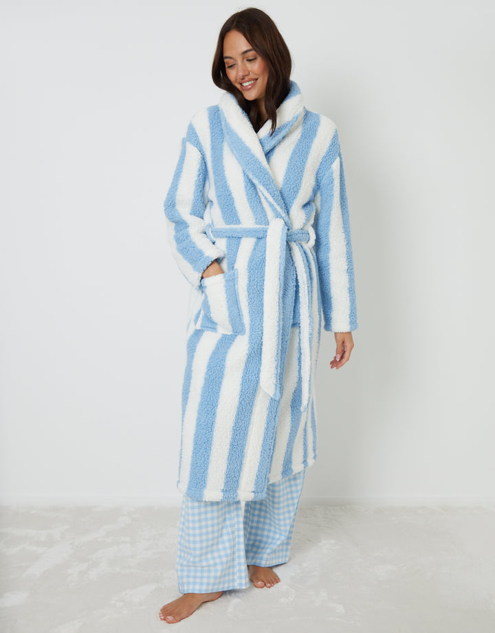 Blue Stripe Borg Dressing Gown
