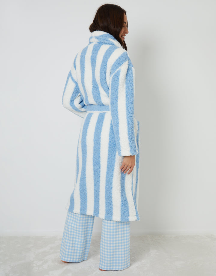 Blue Stripe Borg Dressing Gown