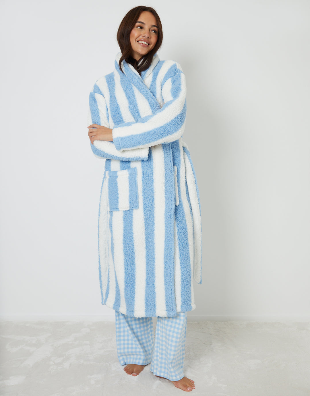 Blue Stripe Borg Dressing Gown