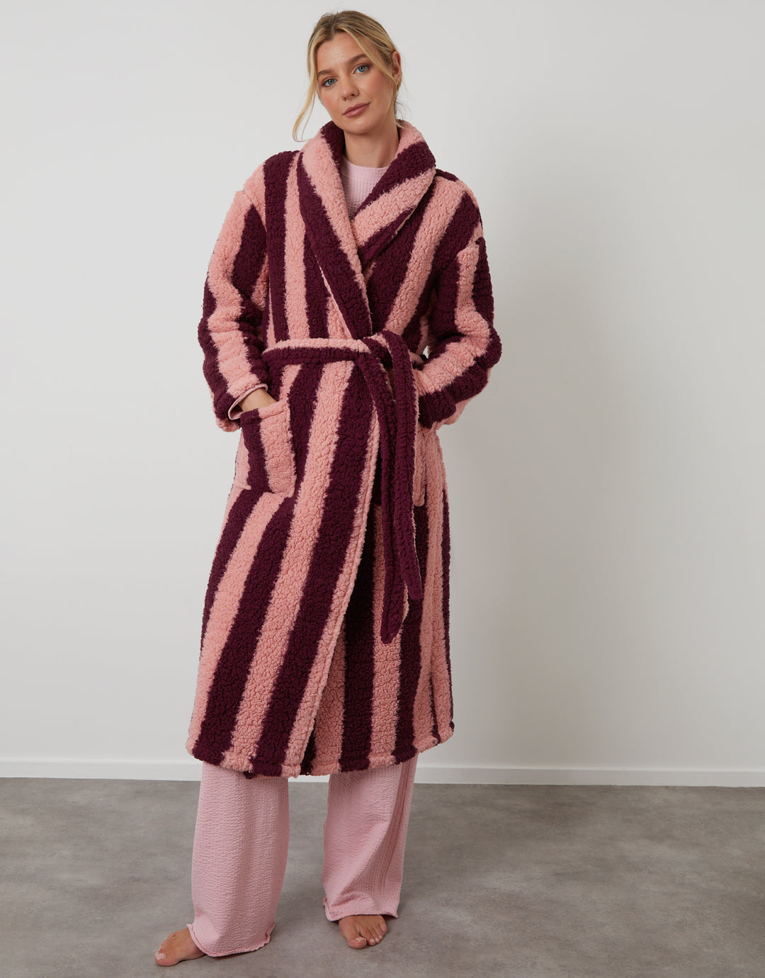 Stripe Borg Dressing Gown in Berry Red Stripe Borg Dressing Gown in Berry Red