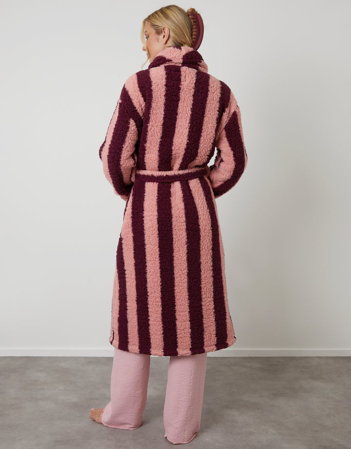 Berry Red Stripe Borg Dressing Gown