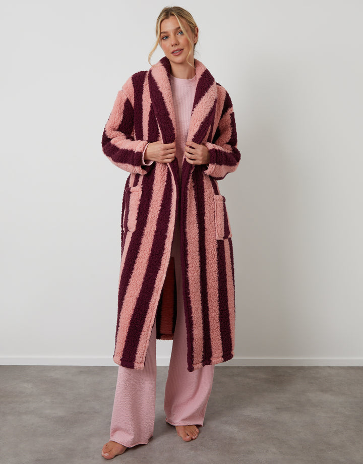 Berry Red Stripe Borg Dressing Gown