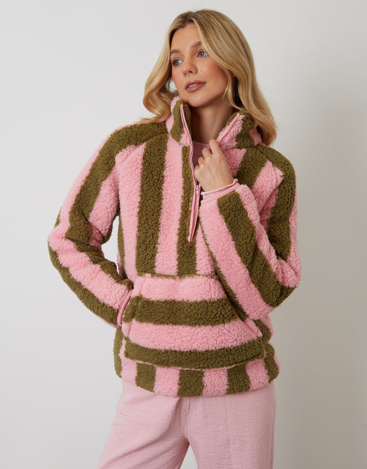 Pink Stripe Borg Quarter Zip Lounge Fleece
