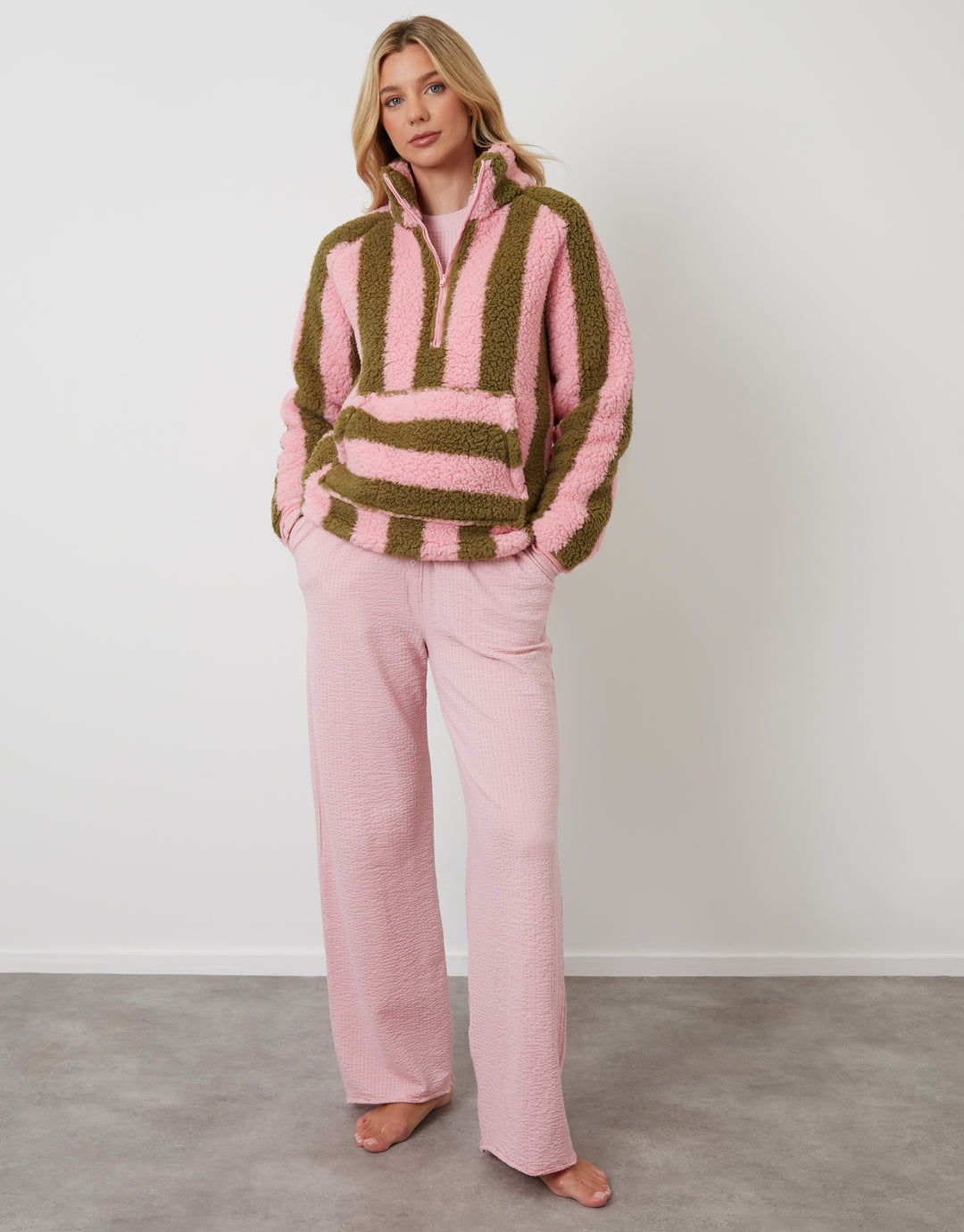 Pink Stripe Borg Quarter Zip Lounge Fleece