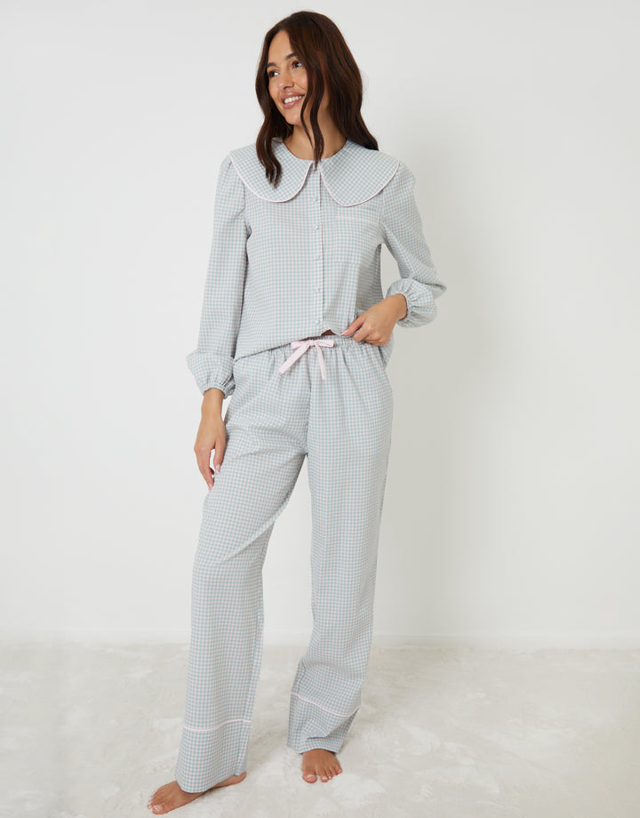 Blue Check Peter Pan Collar Long Pyjamas (2-Piece Set)