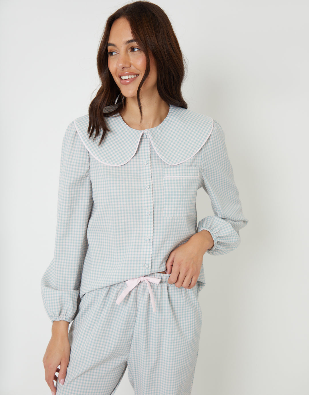 Blue Check Peter Pan Collar Long Pyjamas (2-Piece Set)