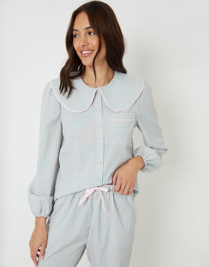 Blue Check Peter Pan Collar Long Pyjamas (2-Piece Set)
