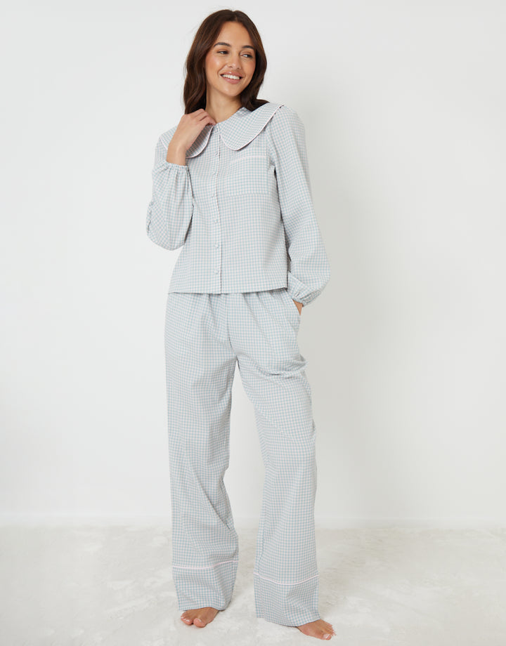 Blue Check Peter Pan Collar Long Pyjamas (2-Piece Set)